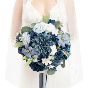 imageLings Moment Opulent Brown Bridal Bouquet for Bride Beige Wedding Bouquets for Bride 13 Inch Silk Round Artificial Wedding Flowers BouquetsBlunoble Navy Blue