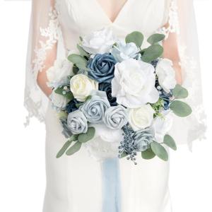 imageLings Moment Opulent Brown Bridal Bouquet for Bride Beige Wedding Bouquets for Bride 13 Inch Silk Round Artificial Wedding Flowers BouquetsBluromantic Dusty Blue