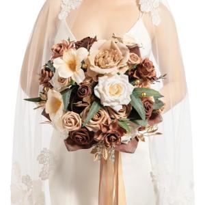imageLings Moment Opulent Brown Bridal Bouquet for Bride Beige Wedding Bouquets for Bride 13 Inch Silk Round Artificial Wedding Flowers BouquetsWalnut Brown