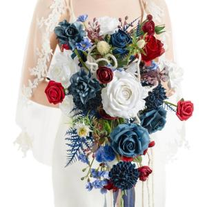 imageLings Moment Purple Bridal Bouquet Cascading Plum Wedding Bouquets for Bride 13 Inch Bride Bouquets for Wedding Artificial Flowers BouquetsBluburgundy  Navy Blue