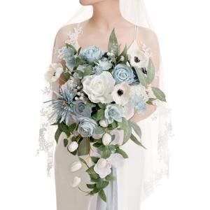 imageLings Moment Purple Bridal Bouquet Cascading Plum Wedding Bouquets for Bride 13 Inch Bride Bouquets for Wedding Artificial Flowers BouquetsBludusty Blue
