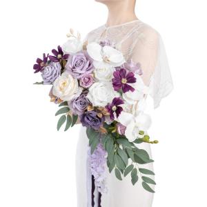 imageLings Moment Purple Bridal Bouquet Cascading Plum Wedding Bouquets for Bride 13 Inch Bride Bouquets for Wedding Artificial Flowers BouquetsLilac  Cream