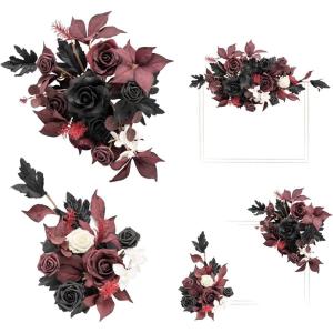 imageLings Moment 2pcs Fall Wedding Floral Swag Welcome Sign Artificial Flowers Backdrop Garland Black Burgundy for Ceremony Reception Door Wall Easel Home Decoration Entryway Outdoor Head Table Decor