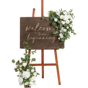 imageLings Moment Wedding Welcome Sign Floral Swag 175quot Tall Standing Artificial Flowers Backdrop Garland White Green Ceremony Reception Wall Easel Home Entryway Board Table Decorations NOT Include SignWhite  Sage