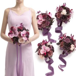 imageLings moment Bridesmaid Bouquet Set of 4 Brown ampamp Beige Wedding Bouquets for Bridesmaids 7 Inch Nut Brown Bridal Bouquets for Bridesmaids Wedding Ceremony Anniversary etcDeep Plum