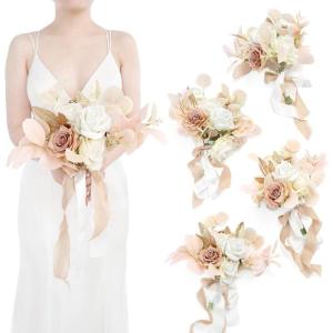 imageLings moment Bridesmaid Bouquet Set of 4 Brown ampamp Beige Wedding Bouquets for Bridesmaids 7 Inch Nut Brown Bridal Bouquets for Bridesmaids Wedding Ceremony Anniversary etcWhtwhite  Beige
