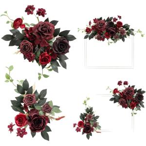 imageLings Moment 2pcs Red Wedding Floral Swags Welcome Sign Artificial Flowers Backdrop Garlands Green for Ceremony Reception Door Wall Easel Home Decoration Entryway Faux Outdoor Board Table Decor