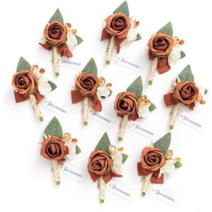 imageLings Moment Boutonniere for Men 10pcs Groomsmen Guest Boutonniere Artificial Flowers for Wedding DcorPromHomecomingetcDeep PurpleOrfall Terracotta  Orange