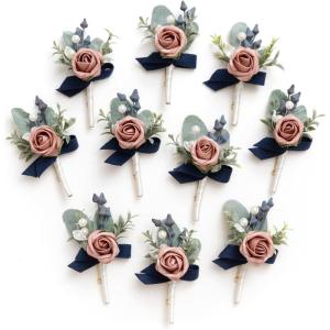 imageLings Moment Boutonniere for Men 10pcs Groomsmen Guest Boutonniere Artificial Flowers for Wedding DcorPromHomecomingetcDeep PurplePkdusty Rose  Navy Blue