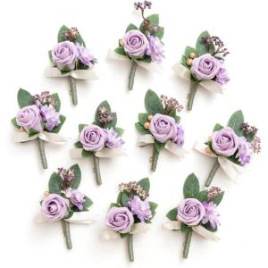 imageLings Moment Boutonniere for Men 10pcs Groomsmen Guest Boutonniere Artificial Flowers for Wedding DcorPromHomecomingetcDeep PurplePrplpurple  Lilac