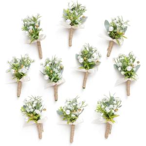 imageLings Moment Boutonniere for Men 10pcs Groomsmen Guest Boutonniere Artificial Flowers for Wedding DcorPromHomecomingetcDeep PurpleWhtbaby Breath  White Pearl