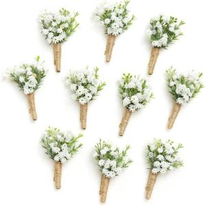 imageLings Moment Boutonniere for Men 10pcs Groomsmen Guest Boutonniere Artificial Flowers for Wedding DcorPromHomecomingetcDeep PurpleWhtbaby Breath  White