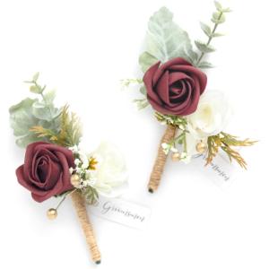 imageLings Moment Boutonniere for Men 2pcs Groom Groomsmen Guest Boutonniere Artificial Flowers for WeddingPromHomecoming etcDeep PurpleRedburgundy  Baby Breath