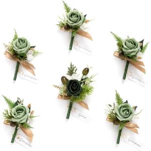 imageLings Moment Boutonniere for Men 6pcs Groom Groomsmen Boutonniere Artificial Flowers for Wedding DecorPromHomecoming etcDeep PurpleGrngreen  Beige