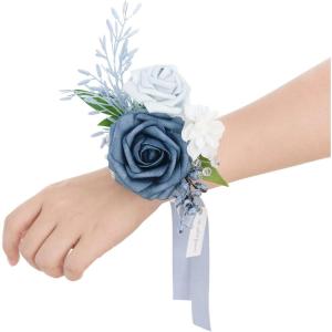 imageLings Moment 6pcs Wedding Wrist Corsage Artificial Flowers GirlMother Homecoming Prom Corsages Wristlet Dcor etc Glowing Blush CreamBludusty Blue  Light Blue
