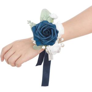 imageLings Moment 6pcs Wedding Wrist Corsage Artificial Flowers GirlMother Homecoming Prom Corsages Wristlet Dcor etc Glowing Blush CreamBlunavy Blue  Dark Navy