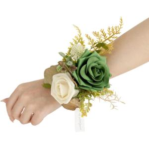 imageLings Moment 6pcs Wedding Wrist Corsage Artificial Flowers GirlMother Homecoming Prom Corsages Wristlet Dcor etc Glowing Blush CreamGrnemerald Green  Sage