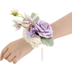 imageLings Moment 6pcs Wedding Wrist Corsage Artificial Flowers GirlMother Homecoming Prom Corsages Wristlet Dcor etc Glowing Blush CreamPrpllilac Lavender  Purple