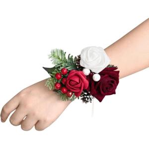 imageLings Moment 6pcs Wedding Wrist Corsage Artificial Flowers GirlMother Homecoming Prom Corsages Wristlet Dcor etc Glowing Blush CreamRedchristmas  Red Berry