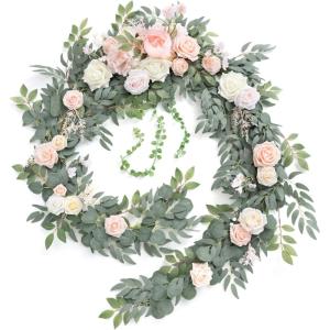 imageLings Moment 9FT Flower Garland for Backdrop Decorations  Wedding Arch Flowers Eucalyptus ampamp Rose Artificial Floral Garland for Mantle  Sweetheart Table Decor for Beach Reception PurplePkblush  Cream