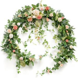 imageLings Moment 9FT Flower Garland for Backdrop Decorations  Wedding Arch Flowers Eucalyptus ampamp Rose Artificial Floral Garland for Mantle  Sweetheart Table Decor for Beach Reception PurplePkgarden Blush
