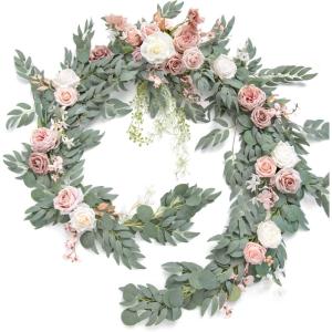 imageLings Moment 9FT Flower Garland for Backdrop Decorations  Wedding Arch Flowers Eucalyptus ampamp Rose Artificial Floral Garland for Mantle  Sweetheart Table Decor for Beach Reception PurplePkdusty Rose  Cream