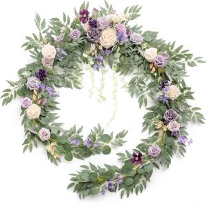 imageLings Moment 9FT Flower Garland for Backdrop Decorations  Wedding Arch Flowers Eucalyptus ampamp Rose Artificial Floral Garland for Mantle  Sweetheart Table Decor for Beach Reception PurplePrpllilac  Cream