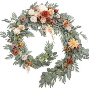 imageLings Moment 9FT Flower Garland for Backdrop Decorations  Wedding Arch Flowers Eucalyptus ampamp Rose Artificial Floral Garland for Mantle  Sweetheart Table Decor for Beach Reception PurpleOrterracotta  Orange