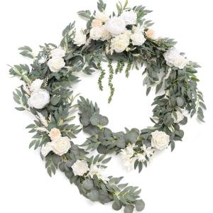 imageLings Moment 9FT Flower Garland for Backdrop Decorations  Wedding Arch Flowers Eucalyptus ampamp Rose Artificial Floral Garland for Mantle  Sweetheart Table Decor for Beach Reception PurpleWhtsage Green
