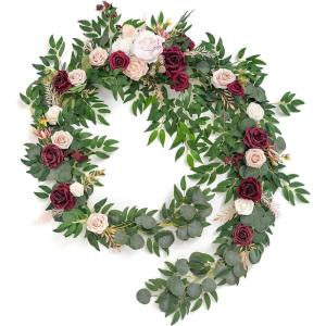imageLings Moment 9FT Flower Garland for Backdrop Decorations  Wedding Arch Flowers Eucalyptus ampamp Rose Artificial Floral Garland for Mantle  Sweetheart Table Decor for Beach Reception PurpleRedmarsala