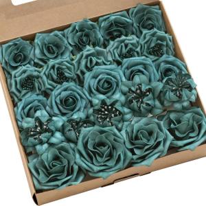 imageLings Moment Artificial Flowers Fake Roses Faux Peony Foam Gardenia Combo for DIY Wedding Bouquets Centerpieces Arrangements Bridal Shower Party Home Decorations Lavender ampamp Purple 24pcsGrndark Teal