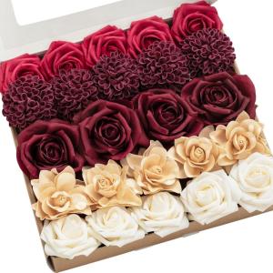 imageLings Moment Artificial Flowers Fake Roses Faux Peony Foam Gardenia Combo for DIY Wedding Bouquets Centerpieces Arrangements Bridal Shower Party Home Decorations Lavender ampamp Purple 24pcsRedbordeaux Red