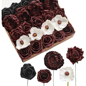 imageLings Moment Artificial Flowers Fake Roses Faux Peony Foam Gardenia Combo for DIY Wedding Bouquets Centerpieces Arrangements Bridal Shower Party Home Decorations Lavender ampamp Purple 24pcsReddark Red  Black  White