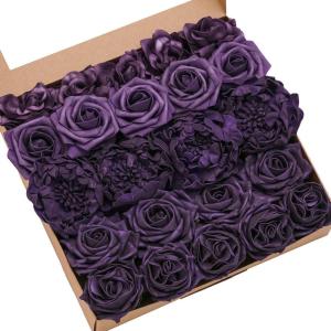imageLings Moment Artificial Flowers Fake Roses Faux Peony Foam Gardenia Combo for DIY Wedding Bouquets Centerpieces Arrangements Bridal Shower Party Home Decorations Lavender ampamp Purple 24pcsPrplpurple