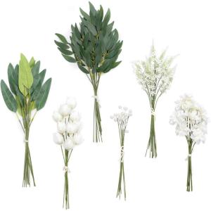 imageLings Moment Artificial Greenery Stems Box Set 30pcs with 8 Kinds of Faux Greenery Picks for DIY Bridal Bouquets Wedding Floral Arrangement Table Centerpieces Purple ampamp Dark GreenGrngreen  White