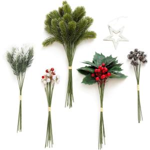 imageLings Moment Artificial Greenery Stems Box Set 30pcs with 8 Kinds of Faux Greenery Picks for DIY Bridal Bouquets Wedding Floral Arrangement Table Centerpieces Purple ampamp Dark GreenRedchristmas Red  Sparkles