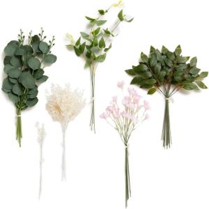 imageLings Moment Artificial Greenery Stems Box Set 30pcs with 8 Kinds of Faux Greenery Picks for DIY Bridal Bouquets Wedding Floral Arrangement Table Centerpieces Purple ampamp Dark GreenPkgreen  Pink