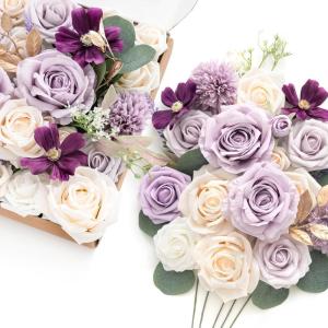 imageLings Moment Fake Flowers Box Faux Artificial Greenery Stems Foam Roses Silk Lilac for Wedding Decor Centerpieces Table Decorations Floral Arrangements Lavender ampamp Purple Mini ComboPrpllilac  Cream