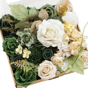 imageLings Moment Fake Flowers Box Faux Artificial Greenery Stems Foam Roses Silk Lilac for Wedding Decor Centerpieces Table Decorations Floral Arrangements Lavender ampamp Purple Mini ComboGrnemerald  Tawny Beige