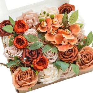 imageLings Moment Fake Flowers Box Faux Artificial Greenery Stems Foam Roses Silk Peony for Wedding Decor Centerpieces Table Decorations Floral Arrangements Orange ampamp Soft Peach Deluxe ComboOrorange  Nude