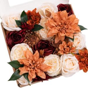 imageLings Moment Fake Flowers Box Faux Artificial Greenery Stems Foam Roses Silk Peony for Wedding Decor Centerpieces Table Decorations Floral Arrangements Orange ampamp Soft Peach Deluxe ComboOrterracotta  Burgundy