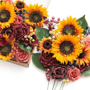 imageLings Moment Fake Flowers Box Faux Artificial Greenery Stems Foam Roses Silk Peony for Wedding Decor Centerpieces Table Decorations Floral Arrangements Orange ampamp Soft Peach Deluxe ComboOrsunflower  Marsala