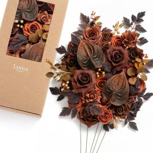 imageLings Moment Fake Flowers Box Faux Artificial Greenery Stems Foam Roses Silk Peony for Wedding Decor Centerpieces Table Decorations Floral Arrangements Orange ampamp Soft Peach Deluxe ComboBrnwalnut Brown  Terracotta