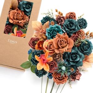 imageLings Moment Fake Flowers Box Faux Artificial Greenery Stems Foam Roses Silk Peony for Wedding Decor Centerpieces Table Decorations Floral Arrangements Orange ampamp Soft Peach Deluxe ComboOrteal  Burnt Orange