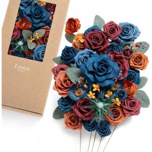imageLings Moment Fake Flowers Box Faux Artificial Greenery Stems Foam Roses Silk Peony for Wedding Decor Centerpieces Table Decorations Floral Arrangements Orange ampamp Soft Peach Deluxe ComboOrmandarin  Royal Blue