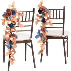 imageLings Moment Fall 10pcs Wedding Chair Decorations Aisle Floral Swag Artificial Pew Flowers Hanging Garland Deep Plum for Ceremony Reception Church Rose Floral Arrangement Party Outdoor DecorRusset Orange  Denim Blue