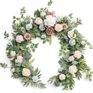 imageLings Moment Flower Garland  6FT Eucalyptus ampamp Rose  Sweetheart Table Decor for Wedding Reception Artificial Floral Garland for Arch Mantle Christmas Backdrop Decoration PurplePkblush Powder Blue