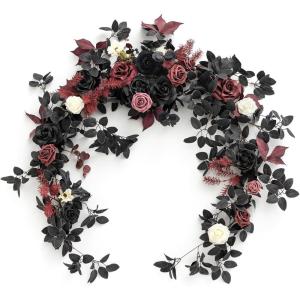 imageLings Moment Flower Garland  6FT Eucalyptus ampamp Rose  Sweetheart Table Decor for Wedding Reception Artificial Floral Garland for Arch Mantle Christmas Backdrop Decoration PurpleRedmoody Burgundy  Black