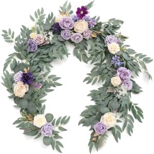 imageLings Moment Flower Garland  6FT Eucalyptus ampamp Rose  Sweetheart Table Decor for Wedding Reception Artificial Floral Garland for Arch Mantle Christmas Backdrop Decoration PurplePrpllilac  Cream