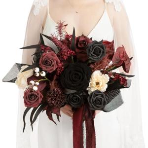 imageLings Moment Purple Blue Wedding Bouquets for Bride Lilac Bridal Bouquets for Bride 13 Inch Free Form Artificial Wedding Flower BouquetBlkmoody Burgundy  Black